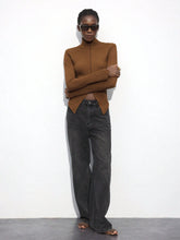 Women's Brown High Neck Fitted Hem Top, Versatile All-Match Pullover For Autumn And Winter, Modern And Comfortable